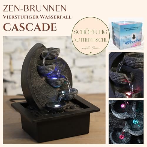 Zen'Light - Zimmerbrunnen Wasserfall V2 4 Ebenen in Natursteinoptik mit farbigem LED-Licht - Moderne Zen Tischdekoration, Ideal für Meditation und Entspannung - H 26 cm