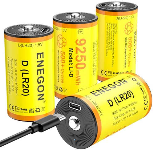 ENEGON 4 個入り単 1 形充電式電池セット9250mWh 充電式リチウムイオン単 1 形電池｜電圧 1.5V LR20 規格｜USB-C ケーブル付属｜キャンプライト・ラジオなど各種機器に対応