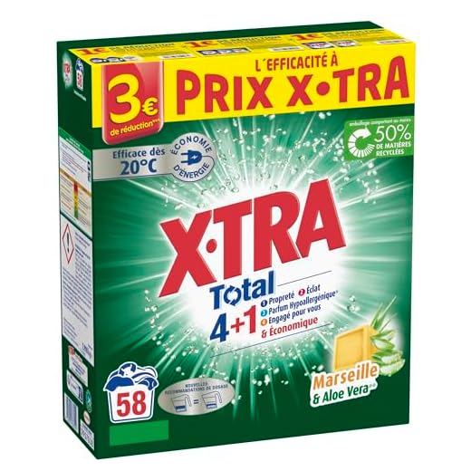 X•Tra Total - Lessive Poudre- 4+1- Propreté - Eclat - Fraîcheur - Engagé pour vous - Economique - Une seule lessive pour tout votre linge - Parfum Marseille & Aloe Vera - Efficace des 20°C -58 mesures