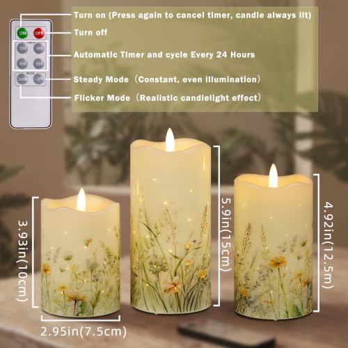 Image of Flameless Candles, Battery Operated Floral Candles with Remote, Fiber Optic Flameless Pillar Candles Set of 3 for Spring Decorations Indoor