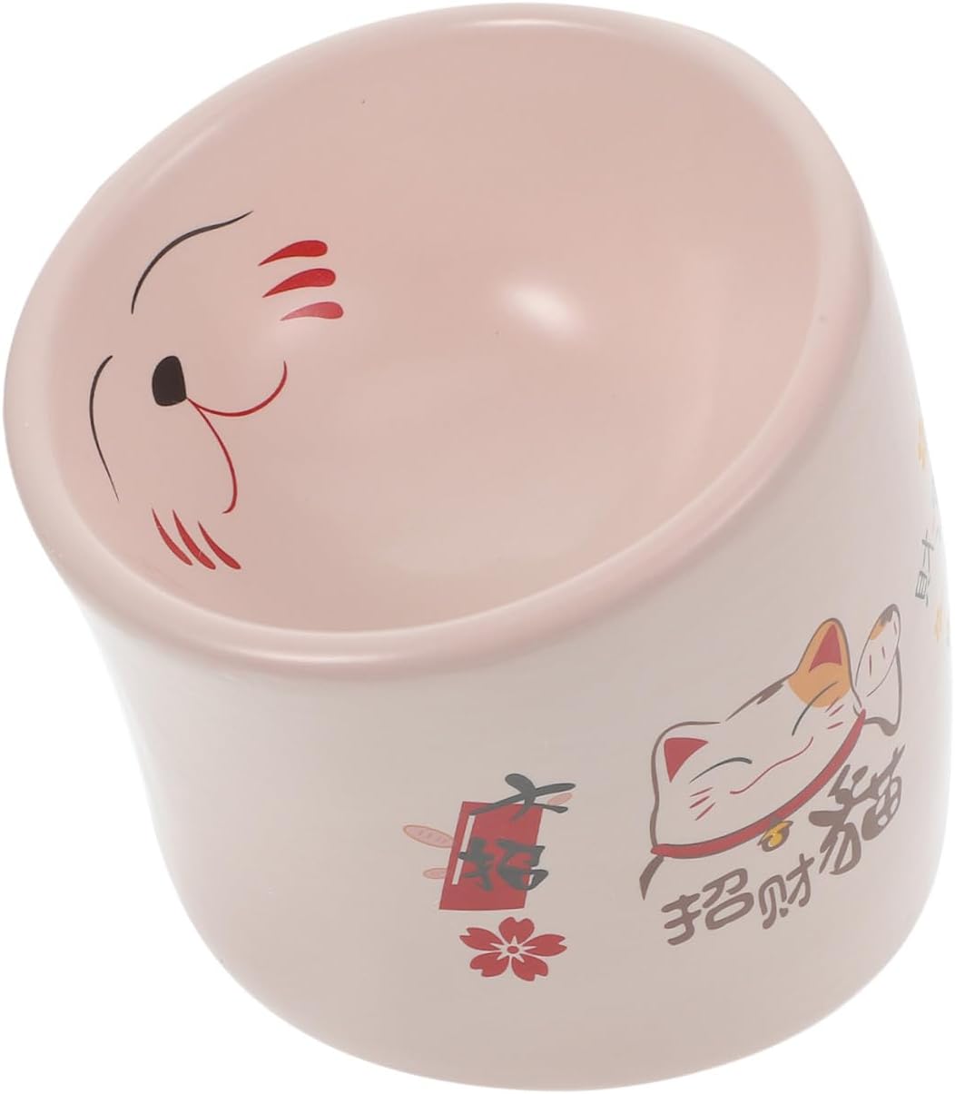 Mikikit Ceramic Elevated Cat Feeding Bowl Anti-Skid Pet Food Dish with Neck Protection Suitable for Kittens and Small Cats Pink