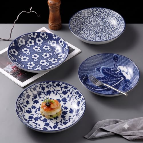 Image of Ceramic Pasta Plate, 20.4 cm Porcelain Dinner Plates, Microwave & Dishwasher Safe, Food Grade Ceramic, Deep Serving Plate for Pasta, Salad, Soup, Curry & Noodles (blue-and-white RANDOM MIX, PACK OF 4)