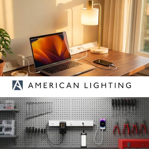 American Lighting Atom Power Strip 18 pulgadas 120V perfil bajo con 2 tomas resistentes a manipulaciones USB-A USB-C cableado fijo acabado blanco para uso interior miniatura 4