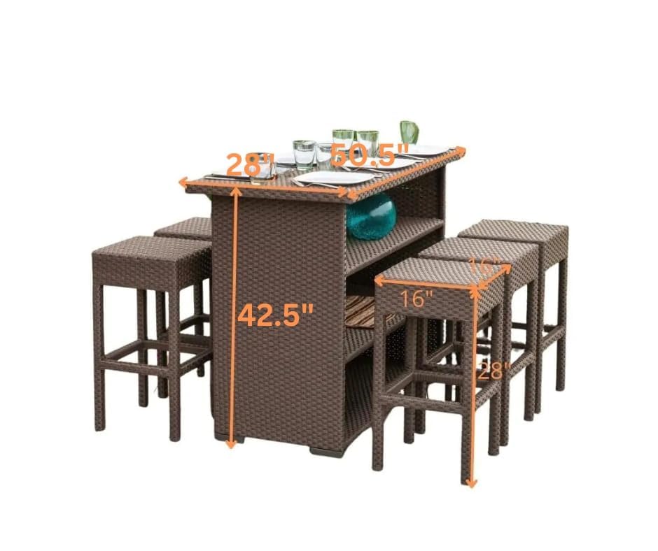 Image of OUTLIVING Patio Rattan Wicker 6 Seater Bar Set With Storage Table and 6 Bar Stools | Multipurpose Outdoor High Bar Furniture for Porch, Home, Garden, Balcony, Backyard, Poolside, and Courtyard (Brown)