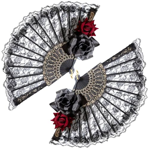 BASEMMAHER 2Pcs Halloween Black Hand Fan Lace Black Red Rose Handheld Vintage Gothic Flower Retro Spanish Large Folding Handheld Fan for Women Girls Cosplay Performance Costume Party Photo Props