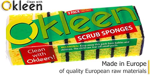Image of Yellow Multi Use Scrub Sponge. Made in Europe. Large Pack of 18. 4.3x2.8x1.4 inches. Black Heavy Duty & White Non Scratch Fiber. Best Odorless & Durable Professional Scrubber for Commercial Use