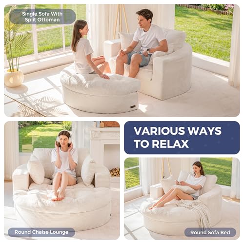 Image of MAXYOYO Modular Sectional Chaise Lounge Sofa, Round Upholstered Lounge Chair with Ottoman, Comfy Couch with Layered Cushion, Tufted Sleeper Chair for Living Room, No Assembly, Beige