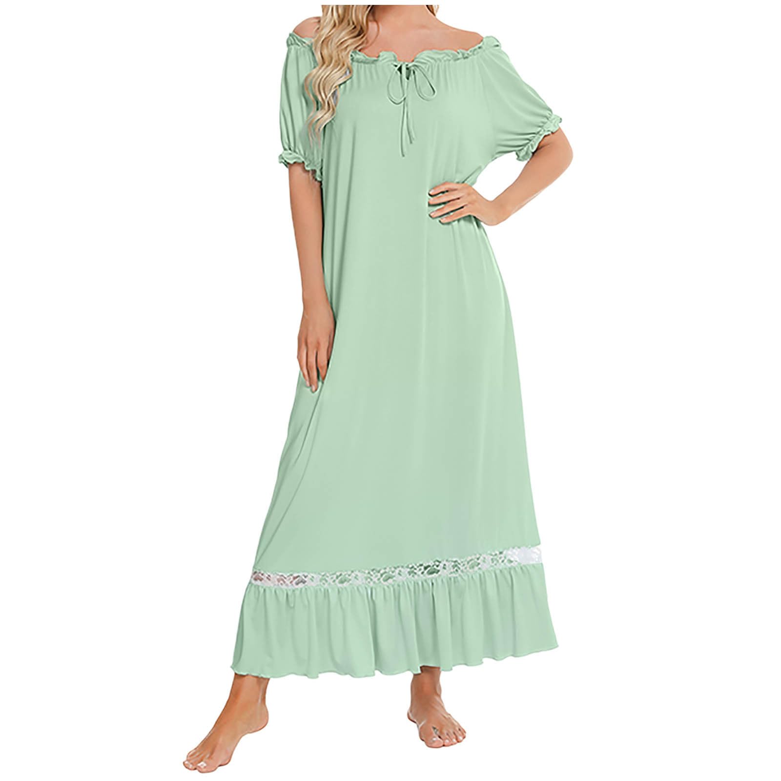 Womens Nightgown Nightshirts Short Sleeve Sleepwear Off Shoulder Sleepshirt Comfortable Pleated Casual Dresses