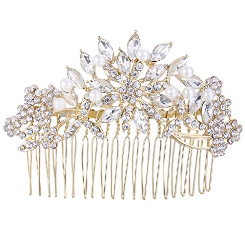 EVER FAITH Gold-Tone Austrian Crystal Cream Simulated Pearl Flower Leaf Hair Comb Clear