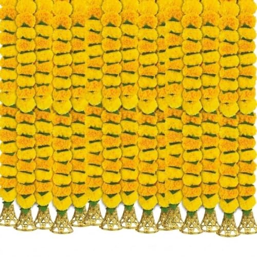 Image of Bindian Artificial Marigold Flower Toran 2.5 Ft Yellow with Leaf & Bells | Decorative Bandanwar for Diwali, Pooja, Wedding, Festival, Home Entrance & Wall Decoration (Pack of 5)