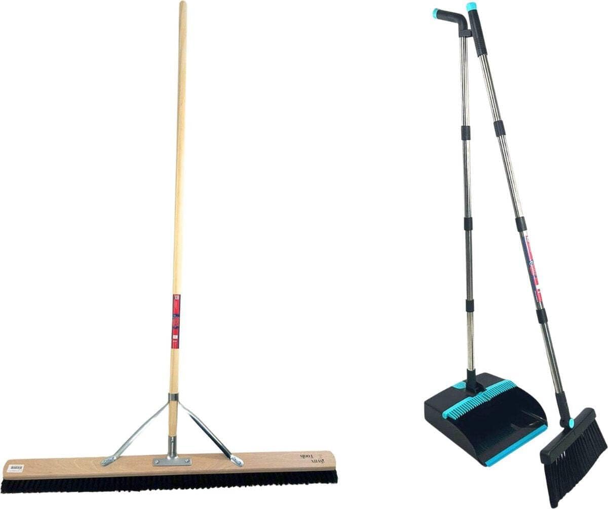 Escoba de Crin de Caballo de 80 cm & Set de Recogedor y Cepillo (2 Piezas) - Escoba de Crin de Caballo para Interiores - Mango de 150 cm - Recogedor y Cepillo con Mango Ajustable 121 cm
