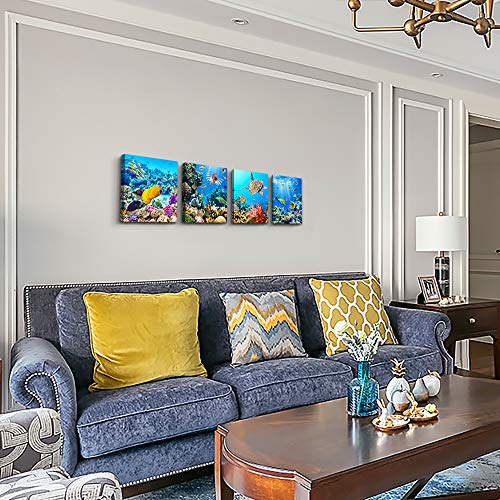 Canvas Wall Art for Living Room- family Bedroom Canvas Pictures Artwork Bathroom Wall Decor- 4 Panels Coral and Sea Fish and Turtles Ocean Theme Stretched and Framed Ready to Hang Modern Home Decor - Image 4