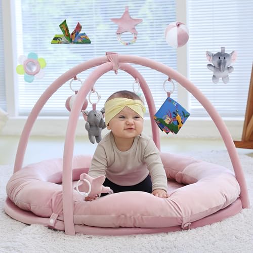 Image of Hiseeme 5-in-1 Baby Play Gym Mat, Thick Baby Activity Gym for 0-6 Months, Tummy Time Mat with 5 Sensory Toys for Newborn Development, Baby Playmats for Infant with Non-Slip Foam Padding (Pink)