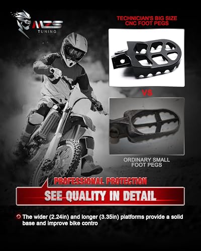 Image of MZS Dirt Bike Foot Pegs for KX65 KX80 KX85 KX100 KX112 KLX140 RM65 RM100 | Black CNC Aluminum Alloy Footrest, Skeleton Grid Wide Footpeg, Non-Slip Stainless Steel Foot Pins, Rust & Corrosion Resistant