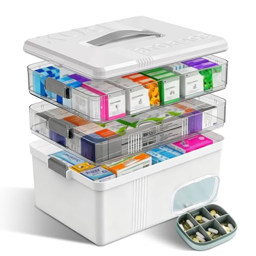 Starward 3 Étages Boite Pharmacie, Boite Rangement Medicament, Pharmacie Rangement avec Plateau Amovible, Armoire avec Petit Pot Médicaments (Blanc)