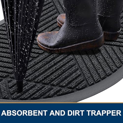 Image of Smiry Half Circle Front Door Mat Outside Entrance, Heavy Duty Sturdy Natural Rubber Doormat, Trap Dirt and Moisture, Low Profile Mats for Indoor Outdoor Entry, Irregular Triangle (29.5x17, Black)