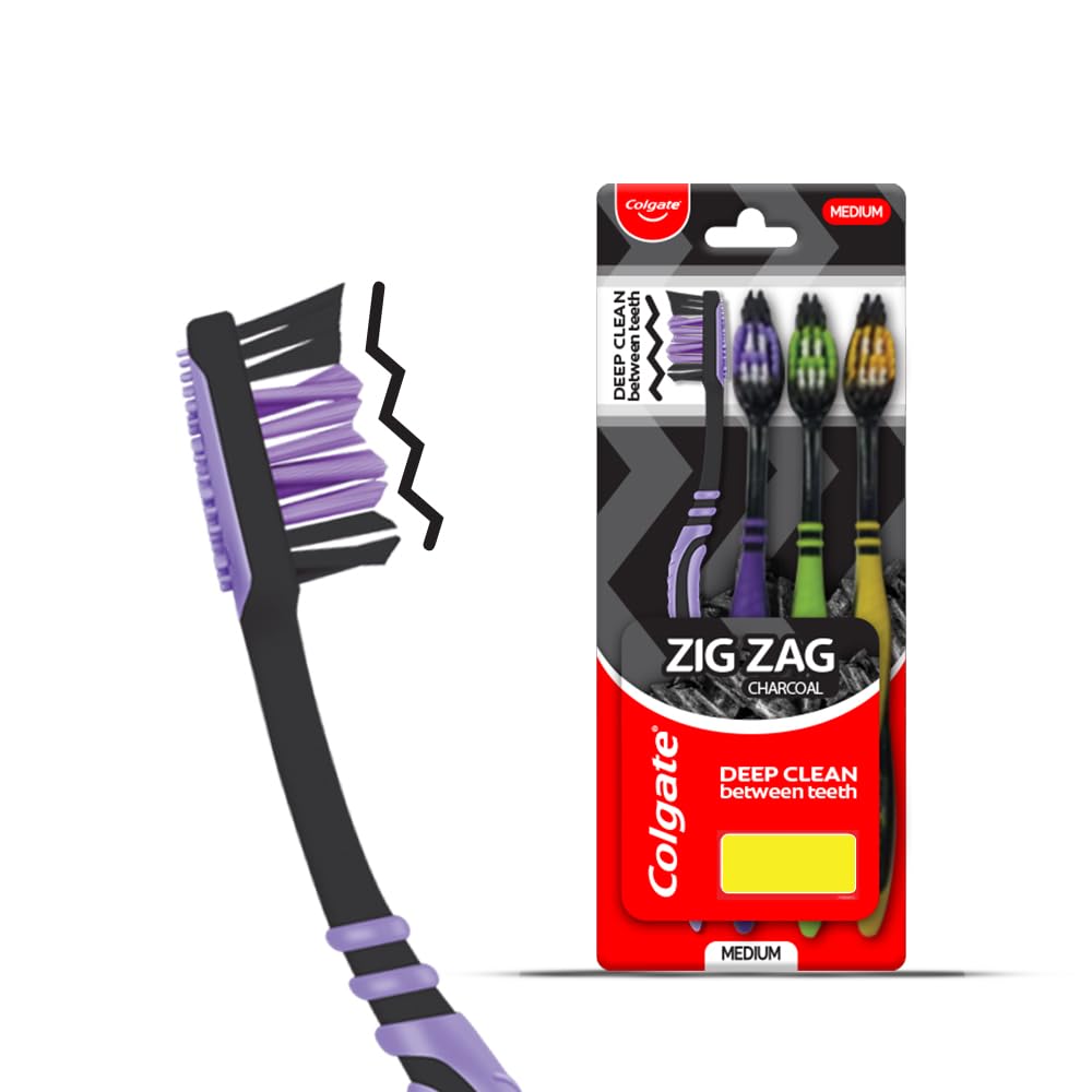 Colgate ZigZag Charcoal Medium Bristle Manual Toothbrush for adults - 4 Pcs, Removes Germs in Between Teeth, Soft-tongue cleaner, Antibacterial bristles