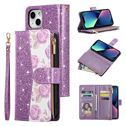 UEEBAI Wallet Case for iPhone 15 Plus 6.7 inch, High-End PU Magnetic Handbag Zipper Pocket Case Kickstand Card Holder Slots Wrist Strap TPU Shockproof Rose Flip Cover for Women - Bling Purple