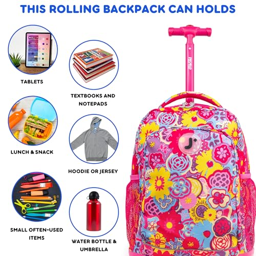 Image of J World Sunny Rolling Backpack for Kids. Roller Bag With Wheels, Poppy Pansy