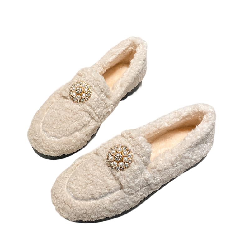Women's Moccasin Slippers Warm Faux Fur Cozy Indoor Outdoor Moccasins with Rhinestones Loafers Shoes for Women Fuzzy Loafers