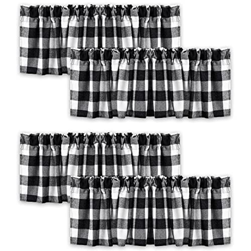 Peryiter 4 Pcs Buffalo Plaid Window Valance Curtains Black and White Semi Sheer Window Curtains 18 x 52'' Rod Pocket Valance Treatment for Kitchen Farmhouse Bathroom Living Room