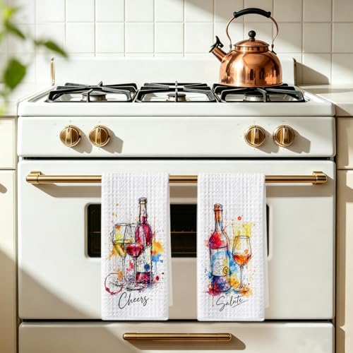 Image of 2 Pcs Graffiti Wine Kitchen Towels, Italian Gifts Reusable Dish Towels | Waffle Weave Hand Cloth Tea Towel for Kitchen Bathroom Home Decor, Wine Lover Gifts for Women Mom Friend 24x14 Inch