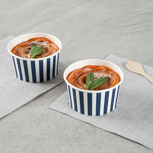 Image of Restaurantware Coppetta 8 Ounce Dessert Cups, 50 Disposable Ice Cream Cups - Lids Sold Separately, Sturdy, Blue And White Paper FroYo Bowls, Striped, For Hot And Cold Foods, Perfect For Gelato
