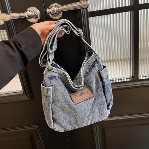Bolso hobo de mezclilla para mujer - Bolso bandolera retro de gran capacidad con diseño liso, bolso cruzado versátil miniatura 5