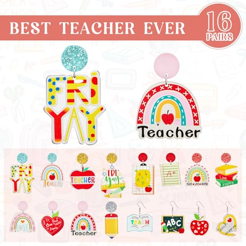 16 Pairs Glitter Acrylic Teacher Earrings Gifts Bulk for Women Fun Rainbow Apple Book Pencil Studs Dangle Earrings Set Christmas Thanksgiving Appreciation Gifts2