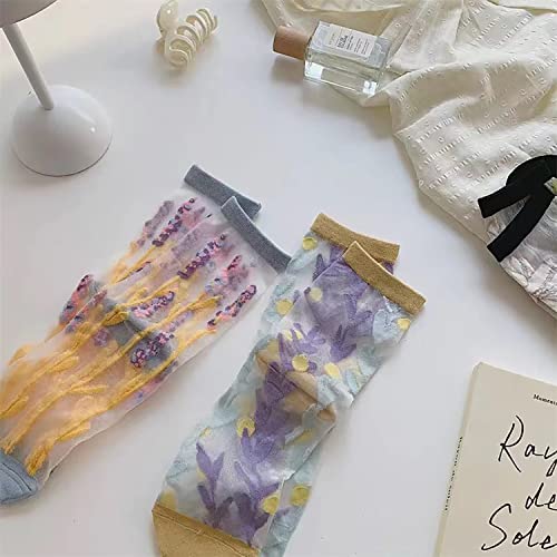 Vintage Sheer Socks,Summer Transparent Flower Ankle, Thin Mesh Lace Elastic Jacquard Glass Silk3