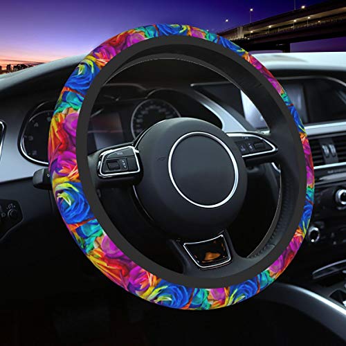 Delerain Rainbow Roses Steering Wheel Covers, Anti Slip Elasticity Car Accessories Steering Wheel Protector Universal 15 Inch for Women Man