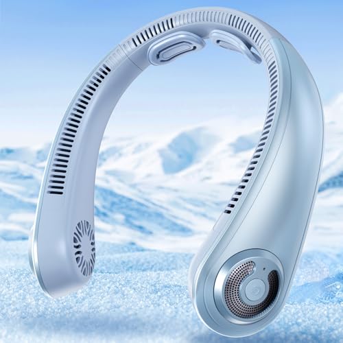 Portable Lightweight Neck Fan Rechargeable, 5 Speeds, Neck Support, USB Personal Bladeless Wearable Cooling Neck Fan for Hot Flashes, Disneyland, Travel, Christmas Gift for Men Women Sky Blu