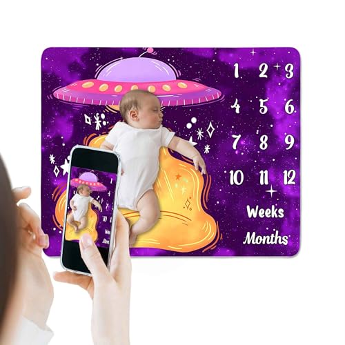 Image of UFO Baby Monthly Milestone Blanket, 60x40in Soft Flannel, Alien Round Spaceship, Newborn Mom Gifts, Baby Shower Age Growth Tracker with Bonus Maker (Purple Pink, 60x40in)