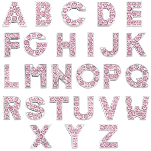 SUNNYCLUE 1 Box 52Pcs 26 Styles Crystal Alphabet Charm Bead 8mm Letter Rhinestone Charms Bulk Pink Metal Alloy Slide Full Rhinestones Art 3D A-Z Beads Charm for jewellery Making DIY Necklace Bracelet