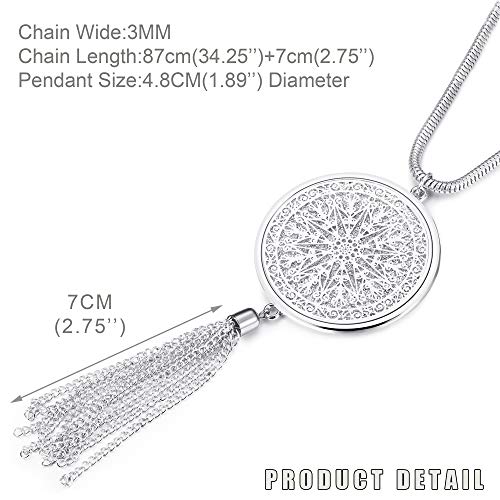 FUNRUN JEWELRY 2PCS Long Pendant Necklaces for Woman Knot Disk Circle Tassel Y Necklaces Set (2PCS Silver Tone)
