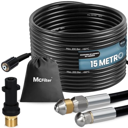 McFilter I Juego universal de mangueras para limpieza de tuberías, 15 m, 200 bar, con adaptador, boquillas fijas + giratorias, compatible con limpiadoras de alta presión Kärcher K2 K3 K4 K5 K6 K7