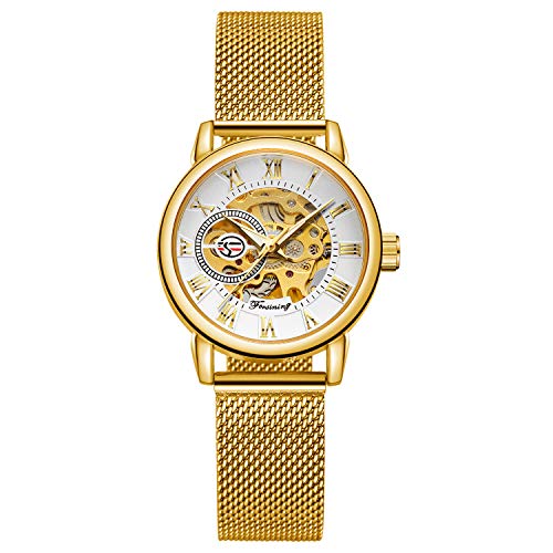 MG. ORKINA Montre mécanique Squelette Creux pour Femme avec Bracelet en Acier Inoxydable tressé (Or et Blanc)