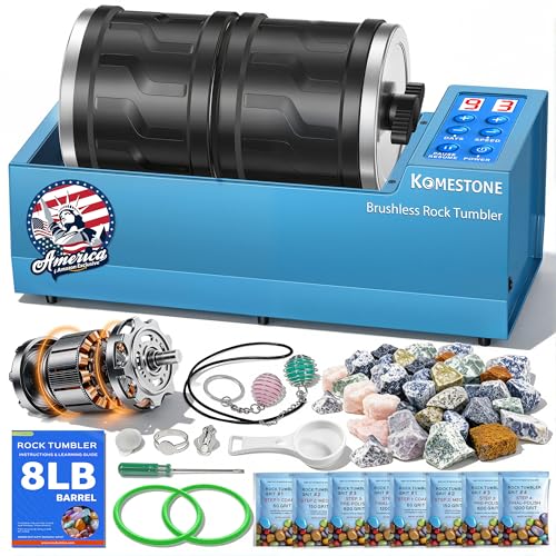 Dual-Barrel Rock Tumbler Kit – 8LB Extra Large Capacity (4LB × 2), Brushless Motor & Heavy Metal...