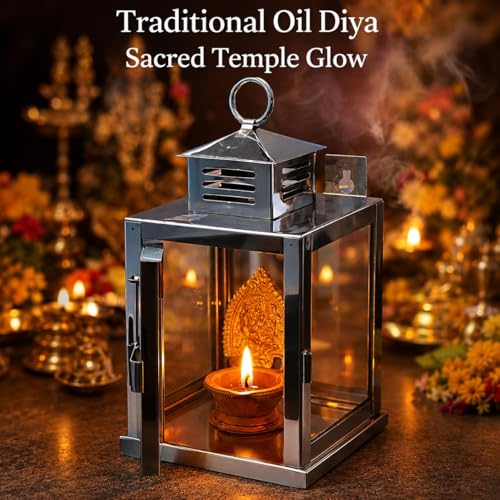 Image of Nakshathra Stainless Steel Wall Mounted Oil Lamp with Glass Cover, Deepam Lid, Windproof Hanging Diya Lantern for Home & Temple Pooja, Ideal for Decorating Indoor Outdoors (Medium)