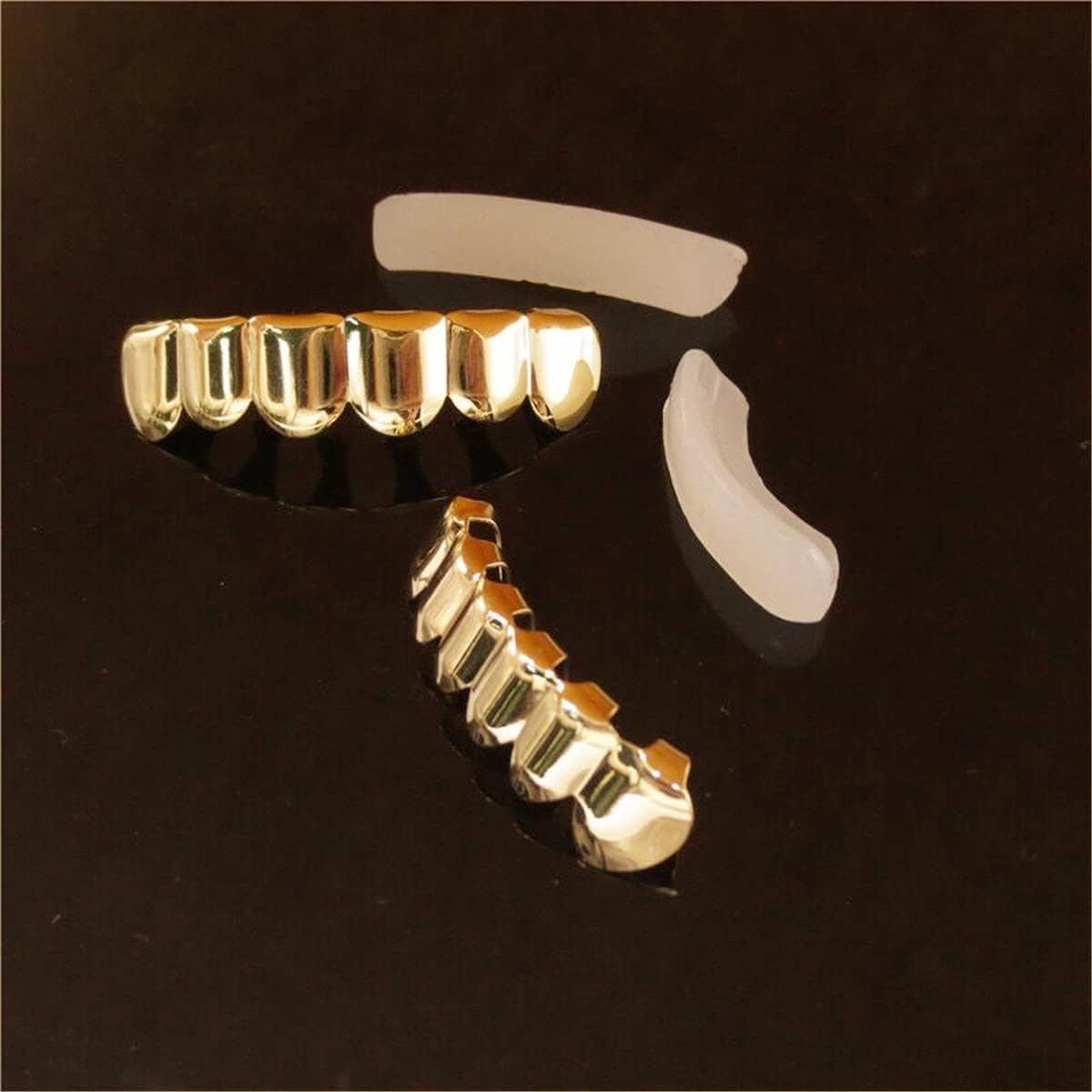Teeth Grillz 14k Gold Plated Top and Bottom Grills Set Shiny Hip Hop Teeth Grillz + Extra Molding Bars
