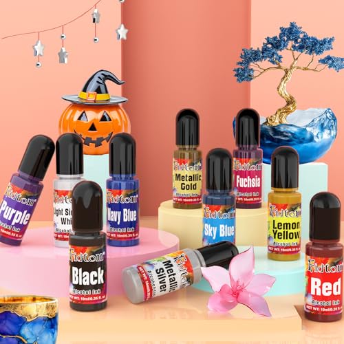 Alcohol Ink - 12 Helle & Lebendige Epoxidharz Farbe für Kunstobjekte, Resin für Malerei, Handwerk, Untersetzer, Schmuckherstellung - 10 ml/Stück