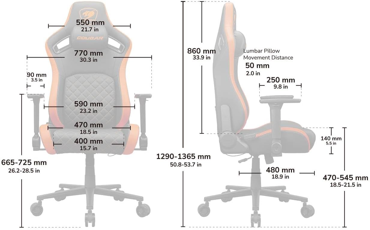 Diagram showing dimensions of the COUGAR Defensor chair
