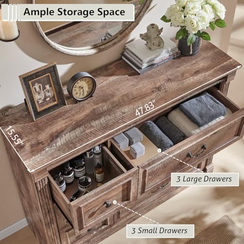Image of Farmhouse 6 Drawers Dresser for Bedroom, 48 inch Wide Large Dressers & Chests of Drawers w /Roman Column, Storage Dressers Organizer for Bedroom, Hallway, Living Room, Light Brown