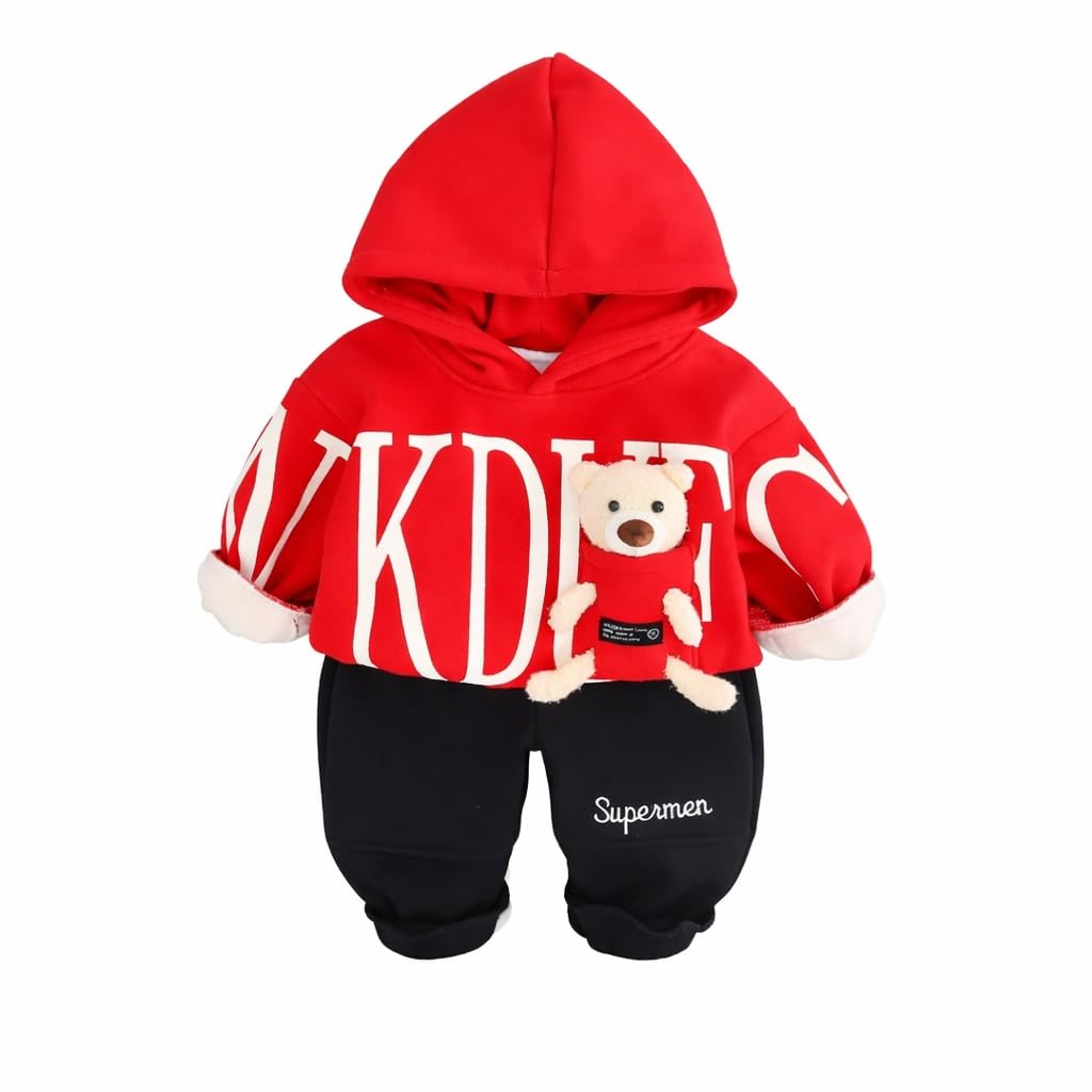 Googo Gaaga Boys Winter Hoodie & Pant Set with Teddy Patch – Warm Fleece Sweatshirt & Jogger Set for Kids (Red & Black)