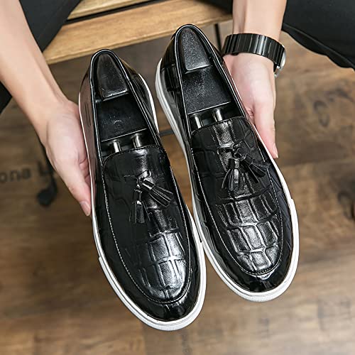 WENOREG Men's Leather Tassel Flat Slip-On Comfort Loafers,Fashion Round Toe Faux Crocodile Grain Flat Heel Anti-Slip Resistant Walking Causal Work Driving Party Shoes4