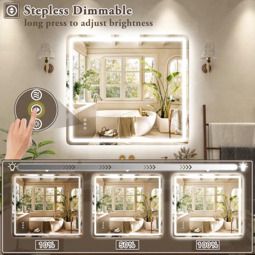 Image of 40 inch x 36 inch Led Bathroom Mirror with Lights, Anti-Fog & Tri-Color Lighting - Wall Mounted Shaving Mirror with Touch Sensor, Waterproof & Smart LED Vanity Mirror,Tempered Glass, Dimmable Smart Mirror