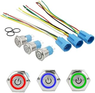 BGTXINGI 3 Sets 16mm 5 Pin Metal Momentary Latching Push Button Switch 1NO 1NC Self-locking 12V DC On Off Stainless Steel Flat head Waterproof LED Ring Illuminated Switch with Wire Socket Plug