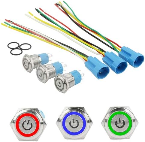 BGTXINGI 3 Sets 16mm 5 Pin Metal Momentary Latching Push Button Switch 1NO 1NC Self-locking 12V DC On Off Stainless Steel Flat head Waterproof LED Ring Illuminated Switch with Wire Socket Plug