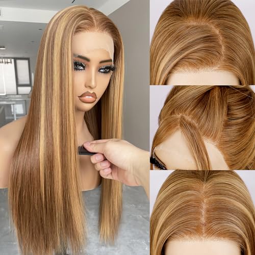 BLL Honey Blonde Wig, 13x4 Synthetic Lace Front Wigs Pre-Plucked Hd Lace Long Straight Sunkissed Highlights Glueless Wig For Black Women 26inch Suitable For Everyday Wear