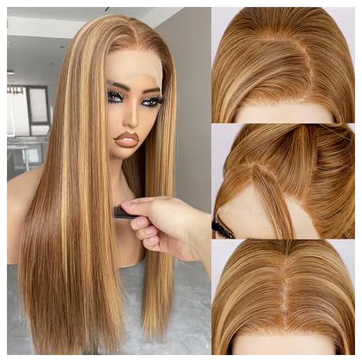 BLL Honey Blonde Wig, 13x4 Synthetic Lace Front Wigs Pre-Plucked Hd Lace Long Straight Sunkissed Highlights Glueless Wig For Black Women 26inch Suitable For Everyday Wear